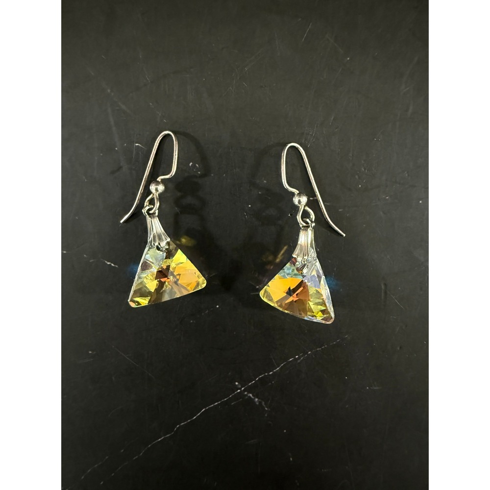 Pair Austrian Crystal 5/8in Wide Triangle Cut Iridescent Drop Earrings
